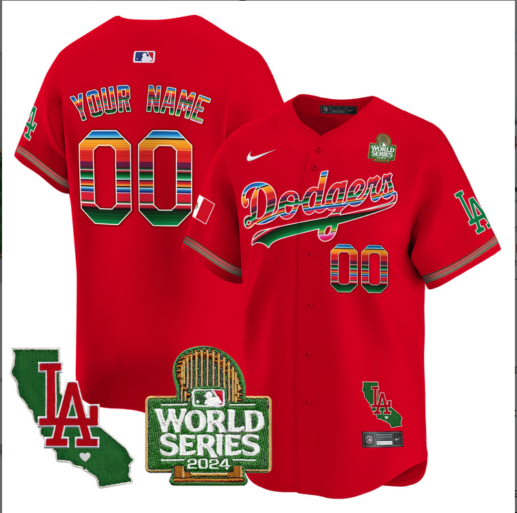 Men Custom MLB Mexico Los Angeles Dodgers red 2024 World Series Champions Patch Jersey 20241105